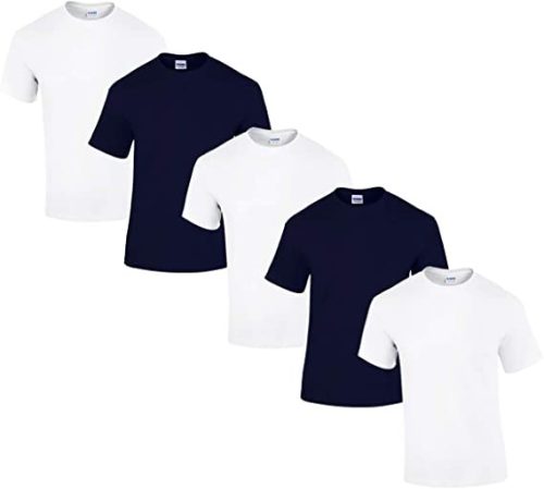 5 db-os csomagban Gildan kereknyakú pamut póló, fehér-sötétkék-M